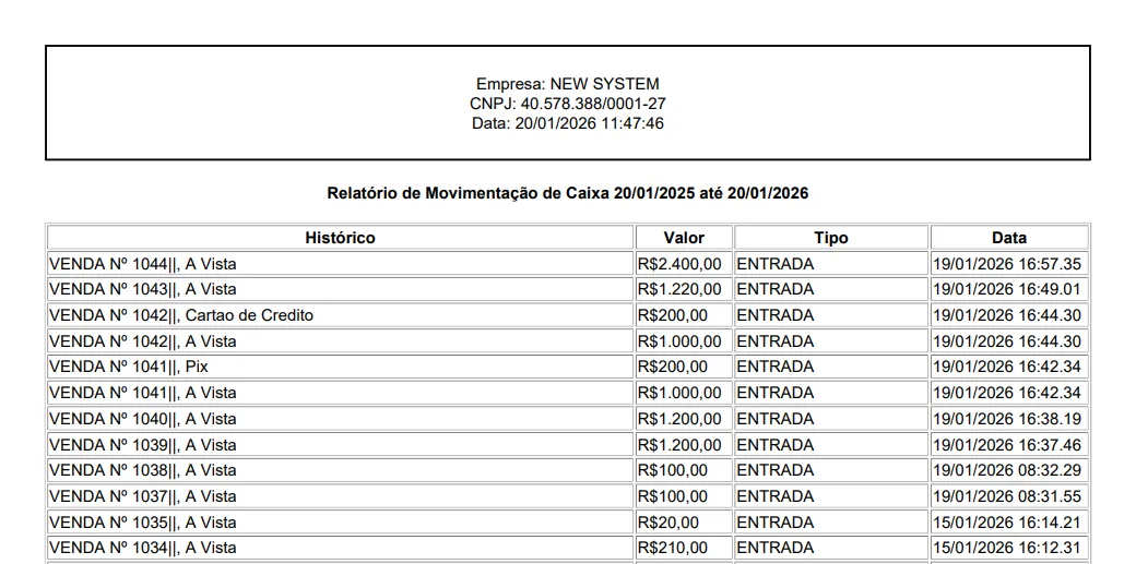 Relatório de movimentação de caixa do NewSystem
